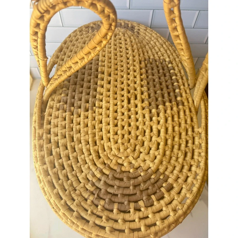 Vintage Large‎ Handwoven Straw Basket with Lid Oval Wicker Storage Tan Brown